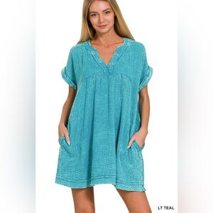 NWT Zenana Washed Double Gauze Raw Edge V Neck Dress